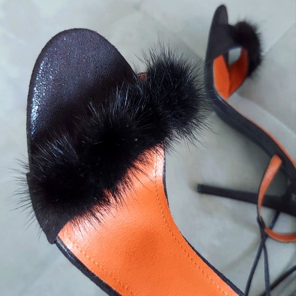 Pom Pom Black Suede Sandal Heels - Picture 7 of 8
